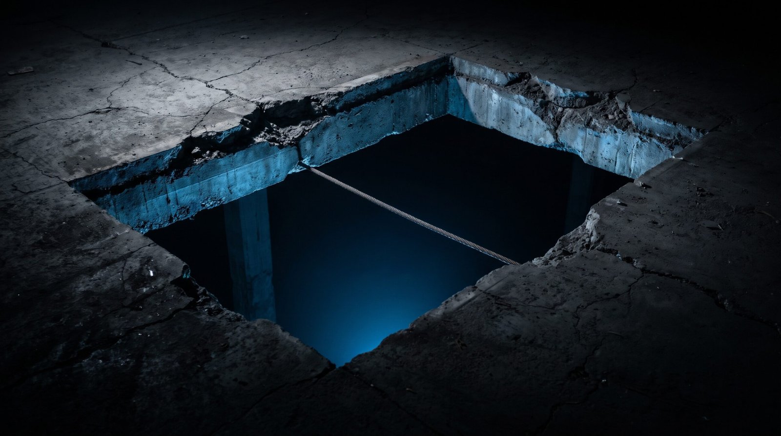 Tech-noir editorial image: a rectangular section cut out of a cracked concrete floor with cold blue light rising from the void and a thin steel cable spanning the gap.
