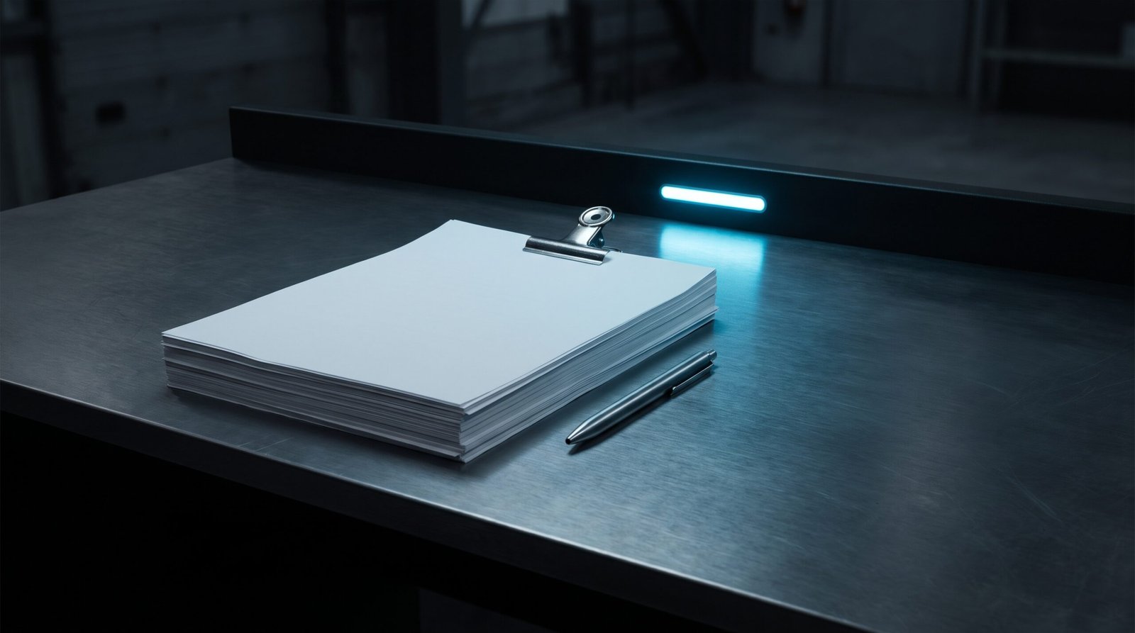 A stack of printed white close-out reports bound with a steel clip on a brushed steel desk, a single cold cyan LED at the back edge of the desk, a steel pen set down beside the stack, deep blacks and charcoal with one cold cyan accent, single cold source, no people, no readable text, no logos.