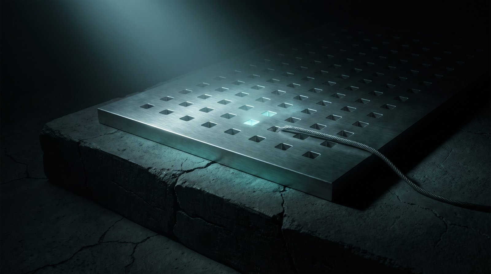 A cold brushed-steel plate with a grid of small square recessed key wells, one single well lit with a faint cold cyan glow, the remaining wells dark and empty, a thin steel cable trailing off the right edge, the plate resting on cracked dark concrete, deep blacks and charcoal with one cold cyan accent, single cold beam from above-left, no people, no text, no logos.