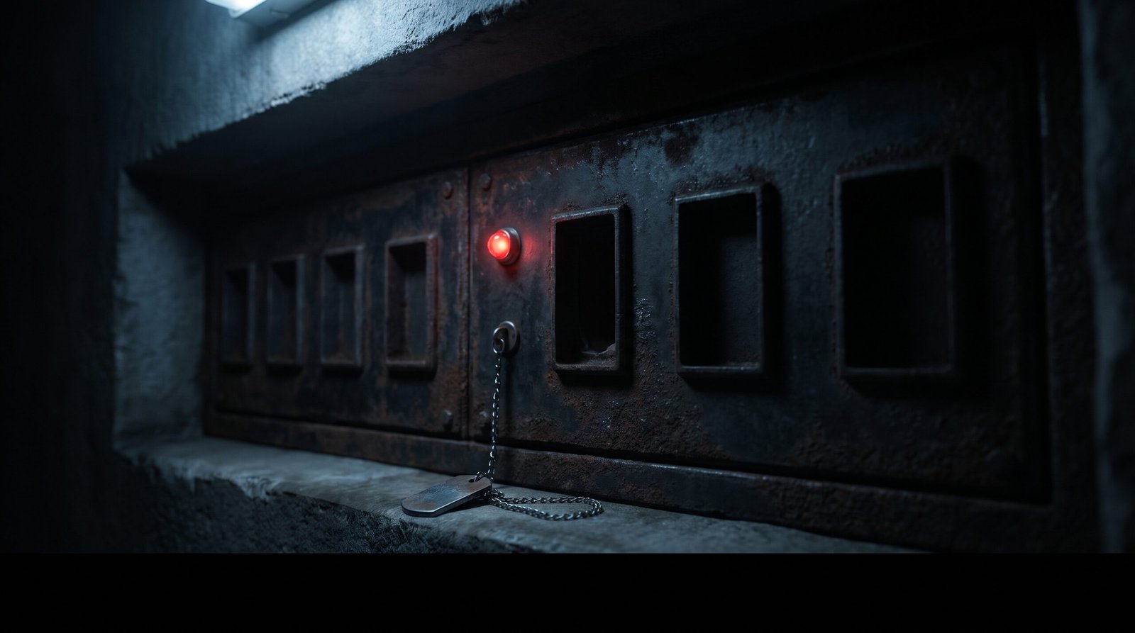 A worn dark-steel access panel with a row of blank recessed credential slots, one slot left empty with a single small electric red LED beside it, a steel security tag on a thin chain lying in front of the panel, cold blue-grey light from above-left, deep blacks and charcoal, no people, no text, no logos.