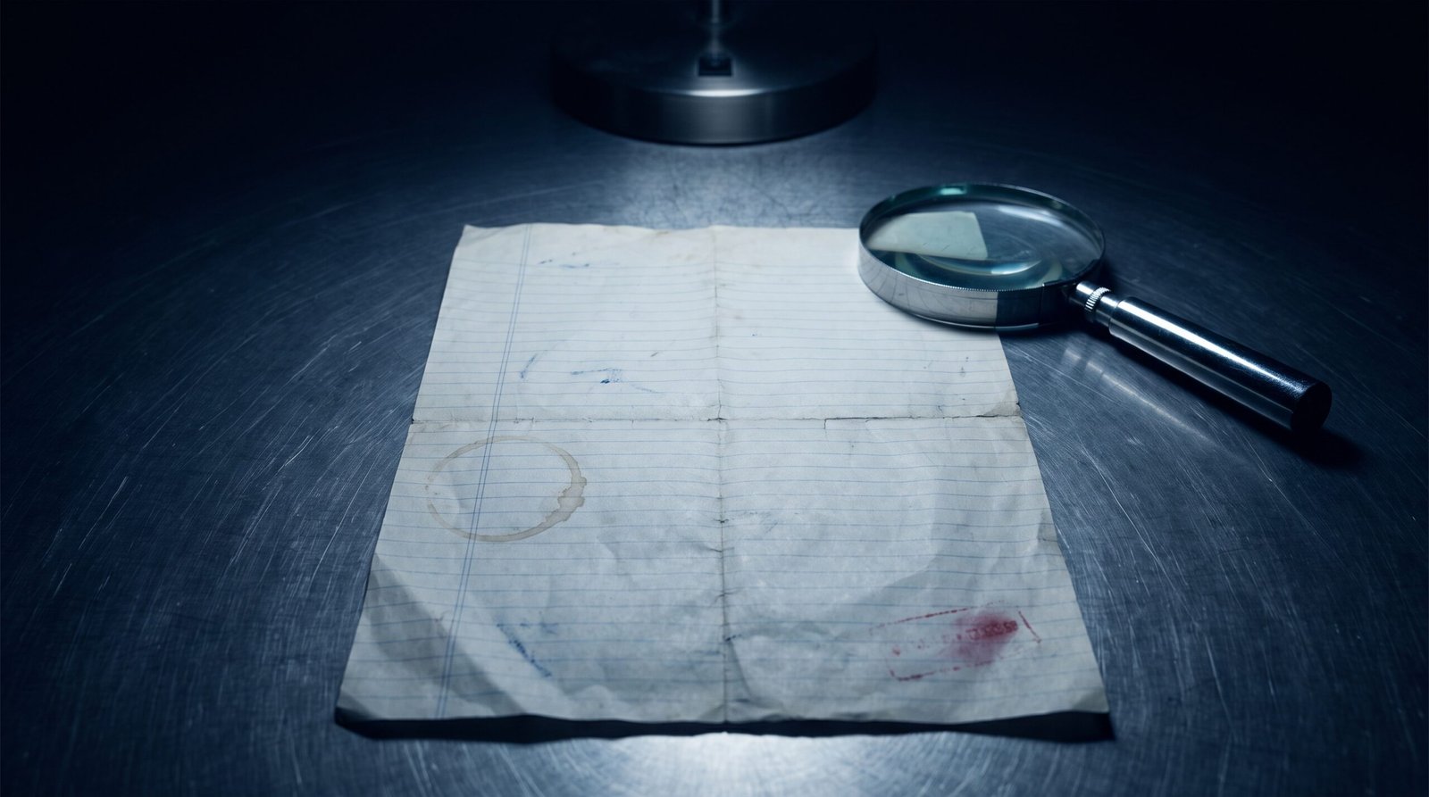 A worn crumpled single sheet of paper on a brushed steel desk surface, a faint coffee ring and a single small faded red rubber stamp smudge with no readable text on the page, a chrome-handled magnifying glass placed at an angle, a single cold steel desk lamp base visible in shadow, deep navy and steel grey palette with one faint muted red accent, single cold beam from above, dramatic chiaroscuro, no people no readable text no logos, no warm tones no amber no tungsten no parchment no sepia.