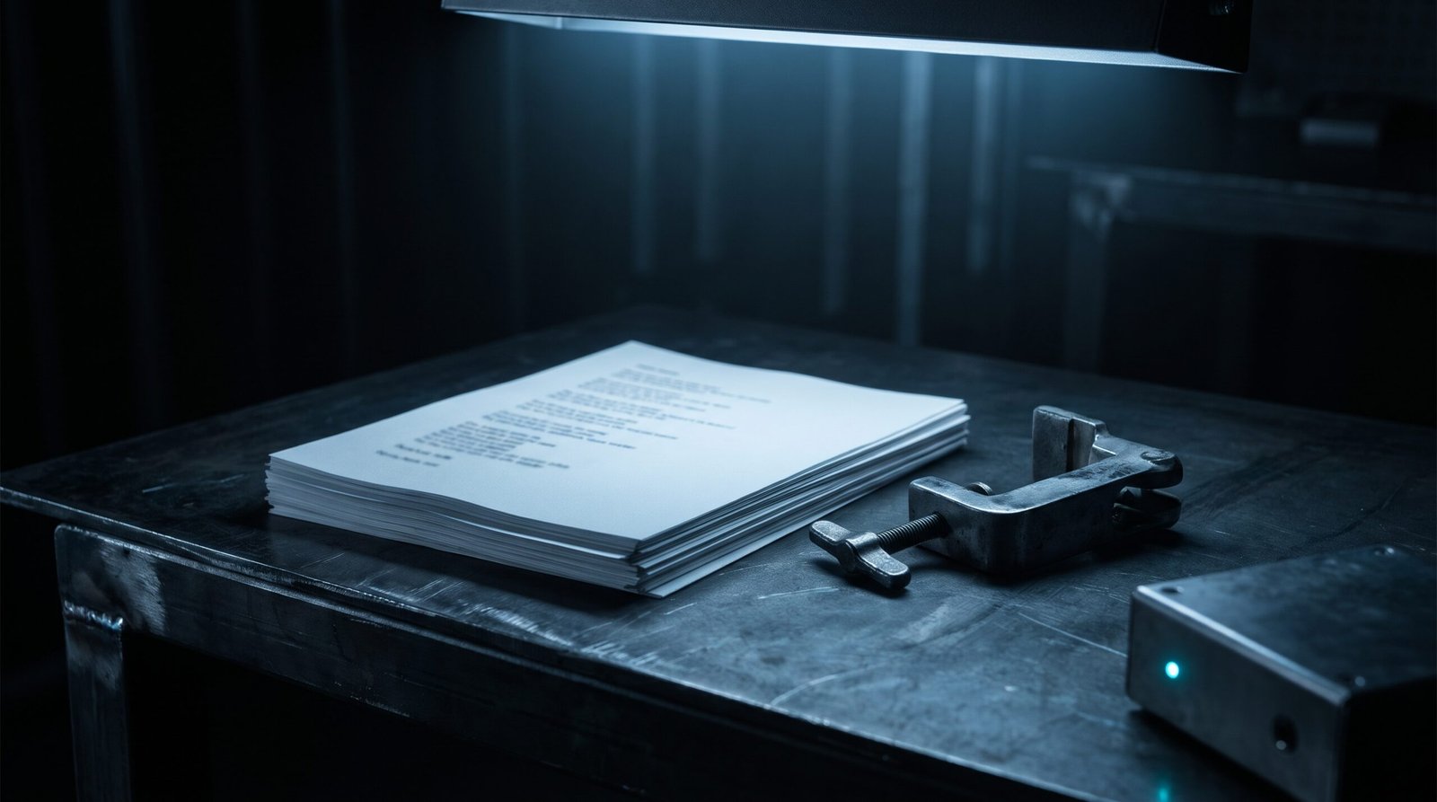 Tech-noir editorial image: a stack of cold-white printed lyric sheets on a dark steel studio bench beside a steel music stand clamp, one dim cyan light.